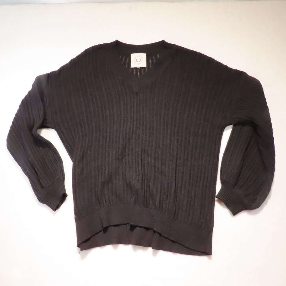 Fantastic Fawn Womens Medium Black Ribbed Knit V Neck Sweater Balloon Sleeves